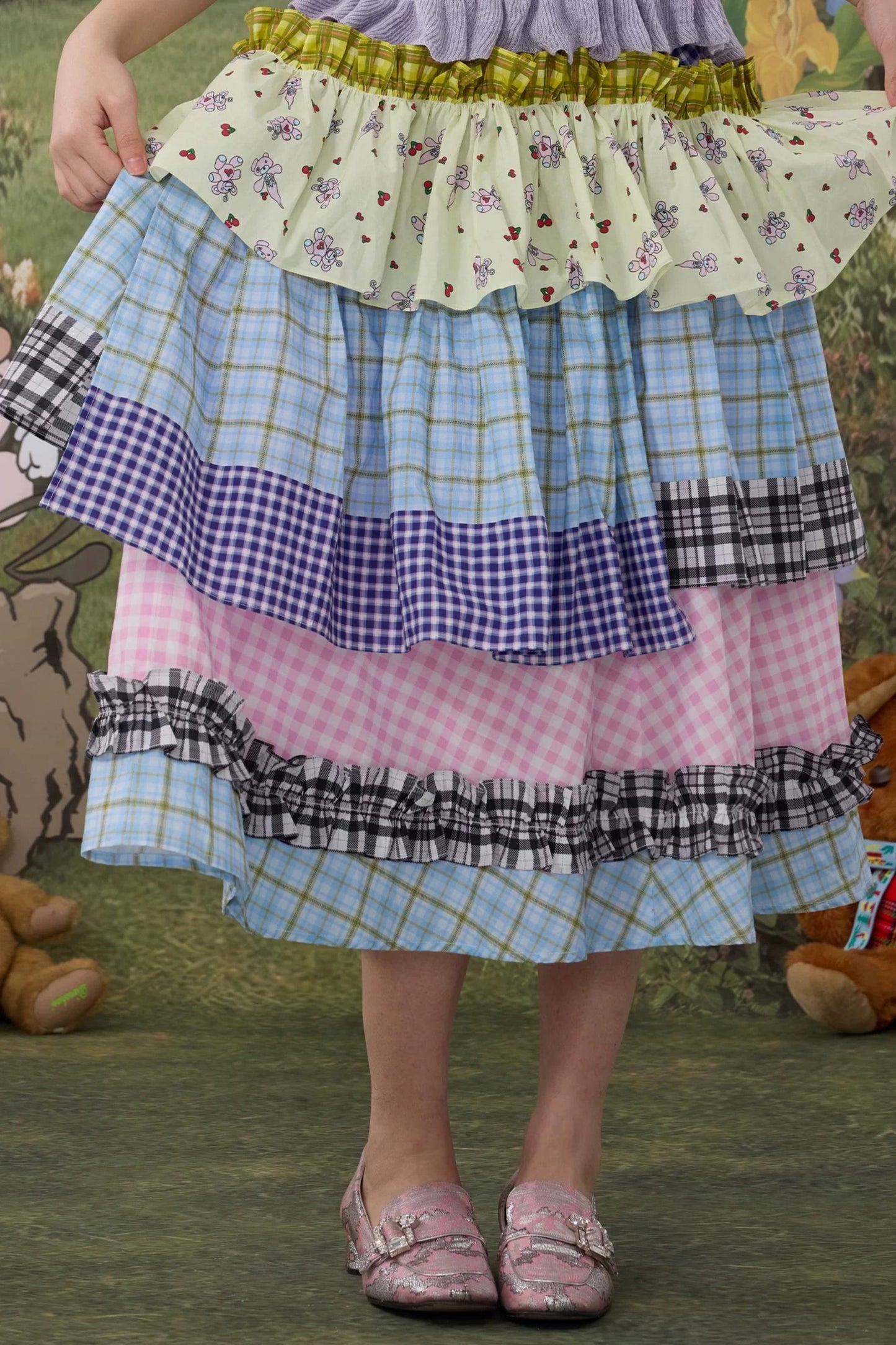Plaid Cotton Lace Skirt