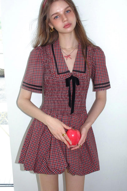 Plaid V-neck Bow Bubble A-Line Bud Dress