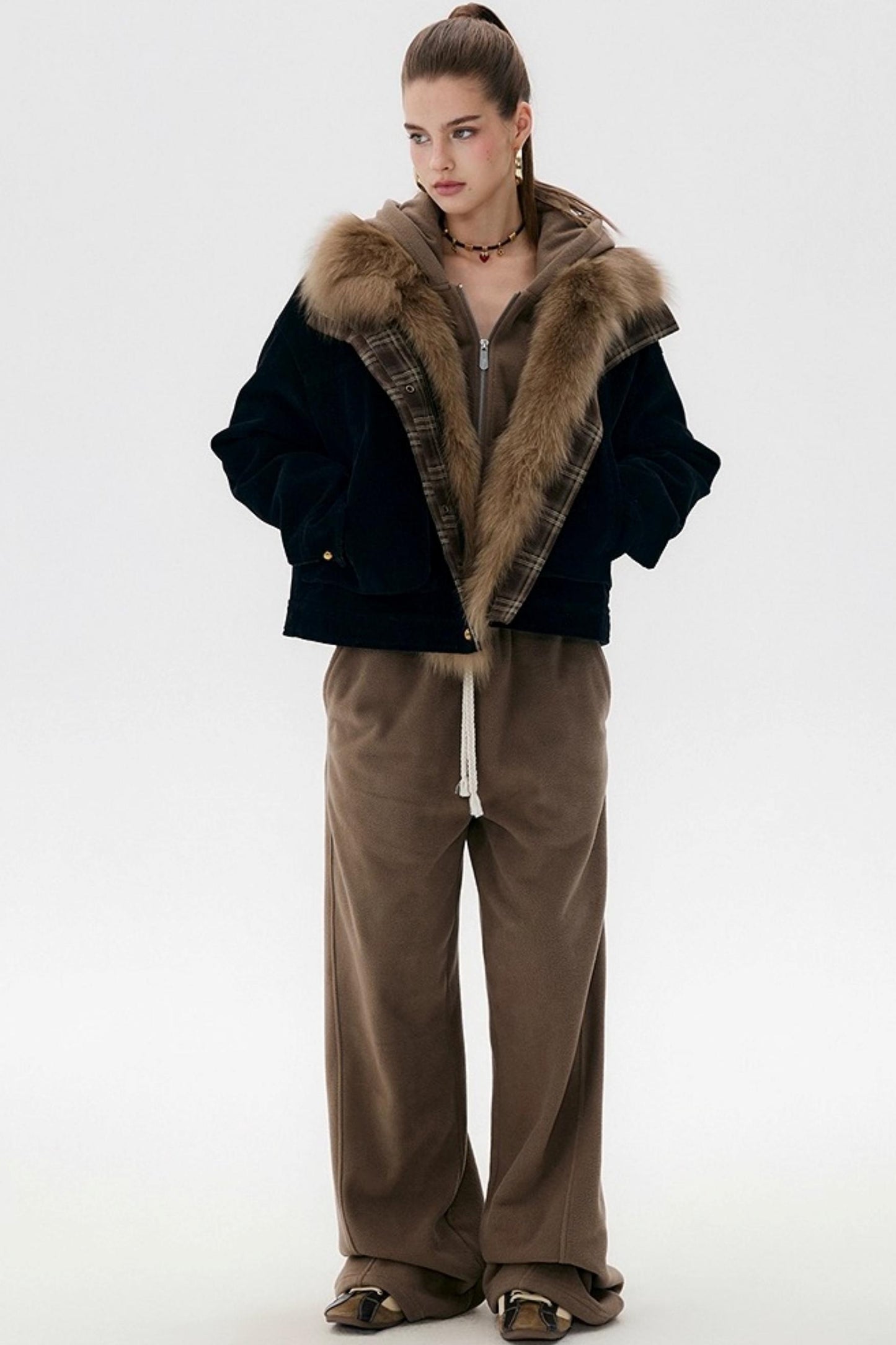 Khaki Fleece Bunny Ear Cardigan Set-Up