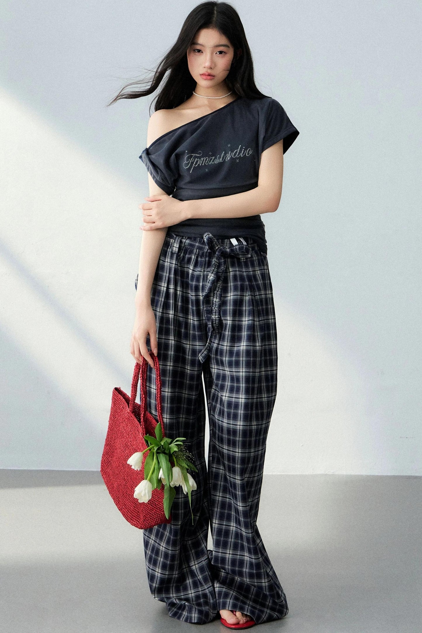 Asymmetrical Top and Plaid Pants Set-Up