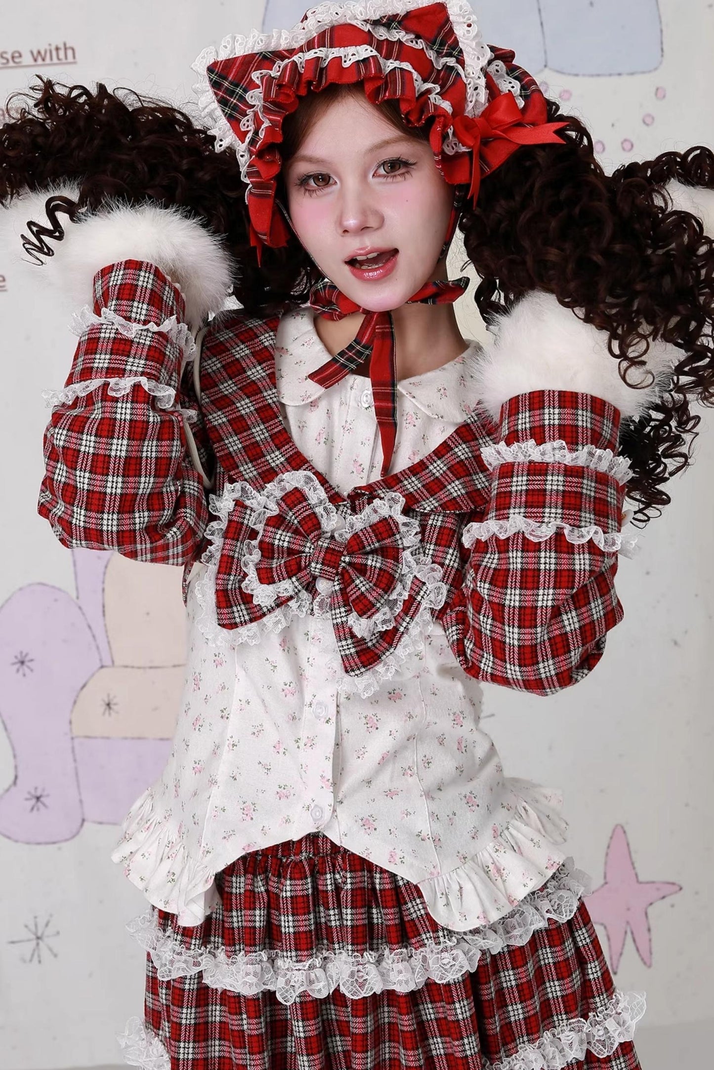 Christmas Red Checkered Bow Short Jacket