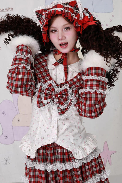 Christmas Red Checkered Bow Short Jacket