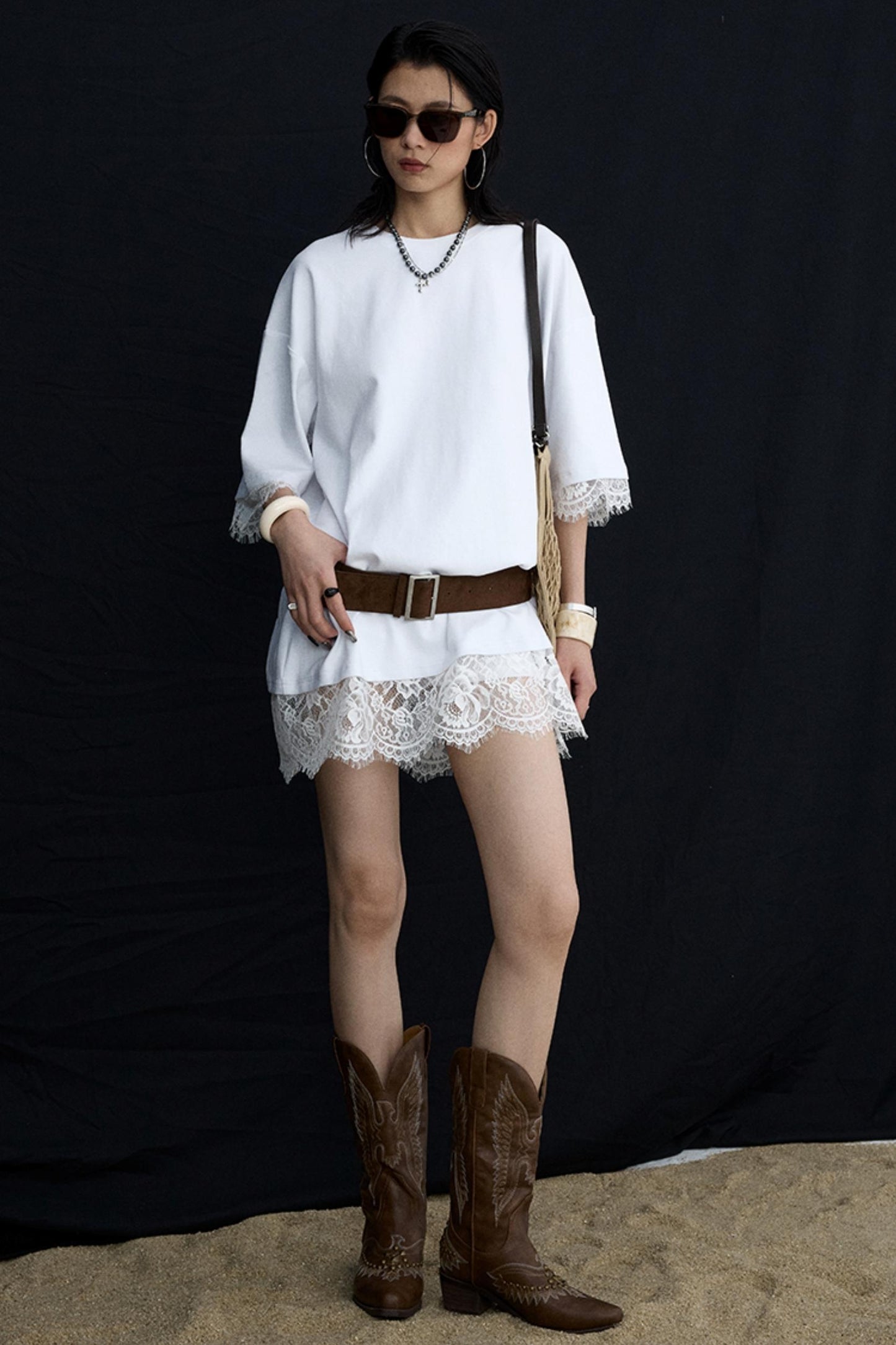 Patchwork Lace Crew Neck Long Top