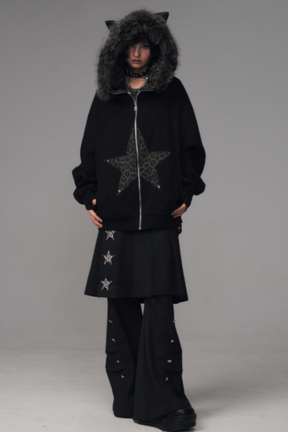 Cat-Ear Leopard Hooded Jacket