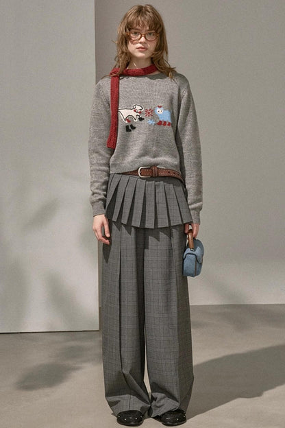 Kitten And Puppy Embroidered Wool Blend Knit Sweater