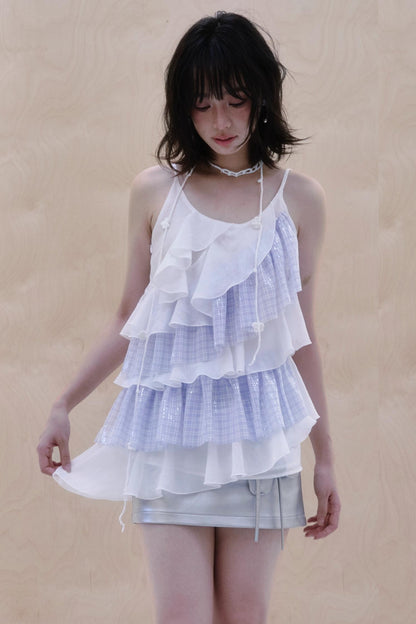 Blue Checkered Chiffon Ruffled Top