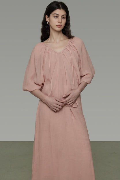 Lantern Sleeve Linen Dress