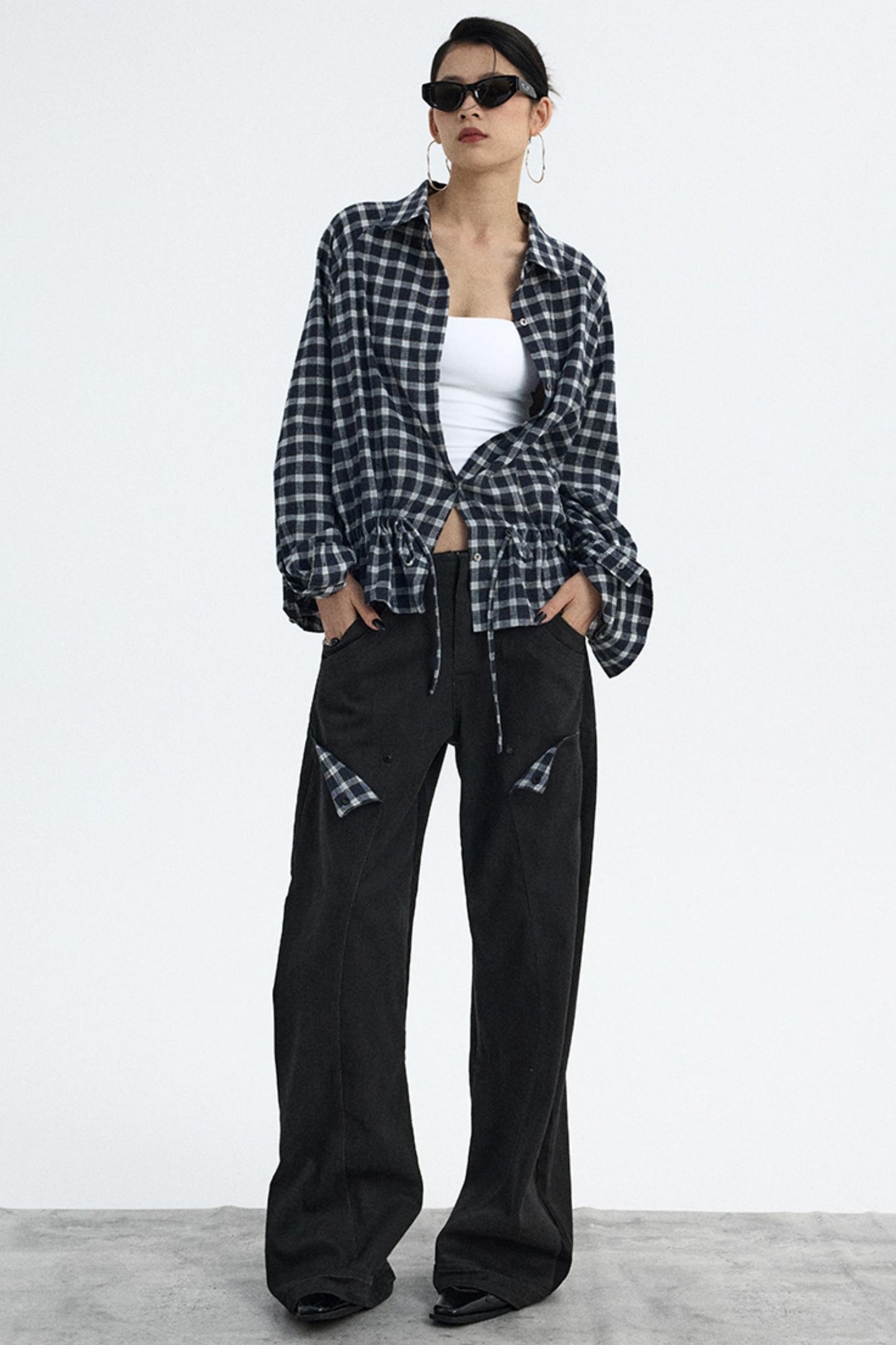 Navy Plaid Drawstring Top