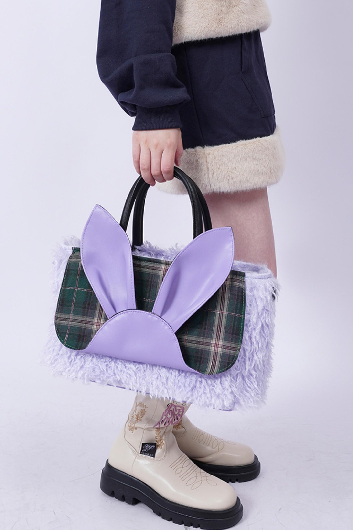 Plaid Rabbit Fur Tote Bag