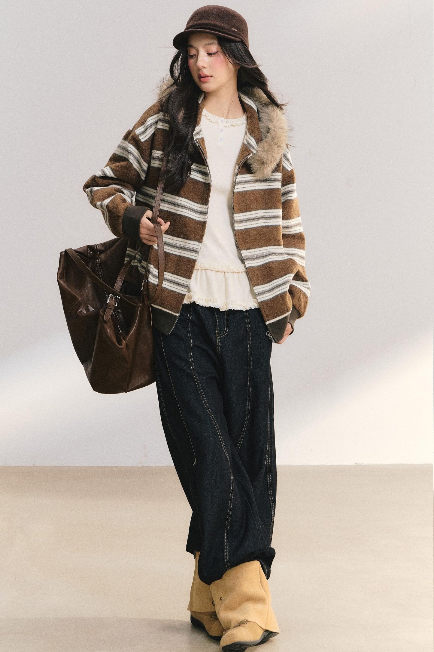 Detachable Fur Collar Striped Jacket