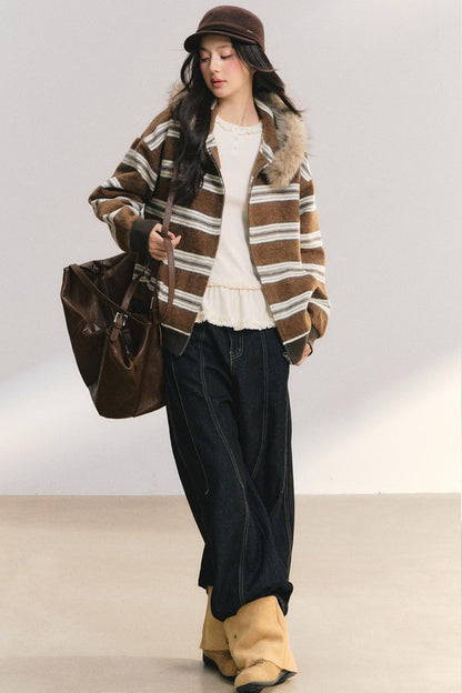 Detachable Fur Collar Striped Jacket