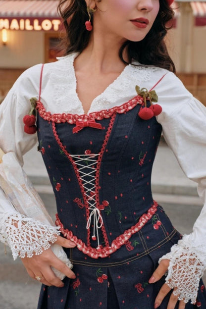 Cherry Embroidery Denim Skirt Set-Up