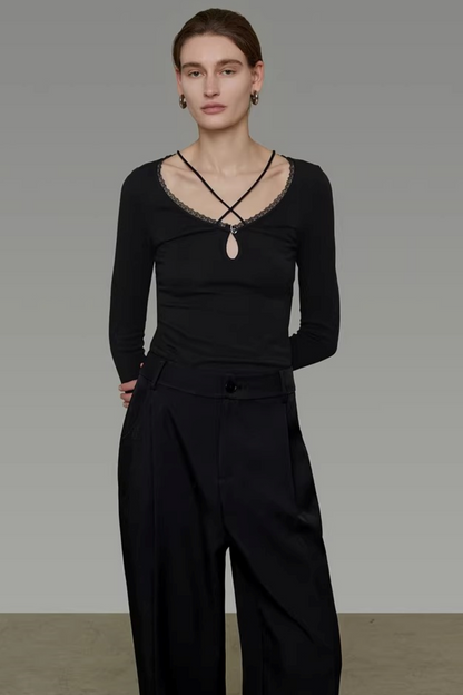 Black Cross-Neck Knit Sweater