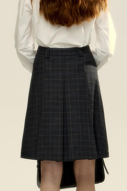 Gray And Blue Checked A-Line Skirt