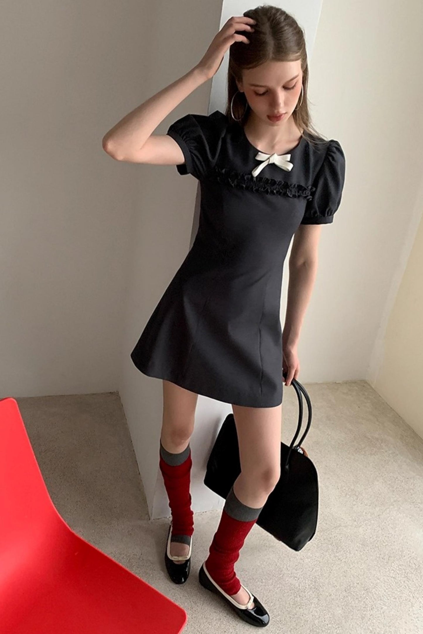 Detachable Bow Bubble Short Sleeve Dress