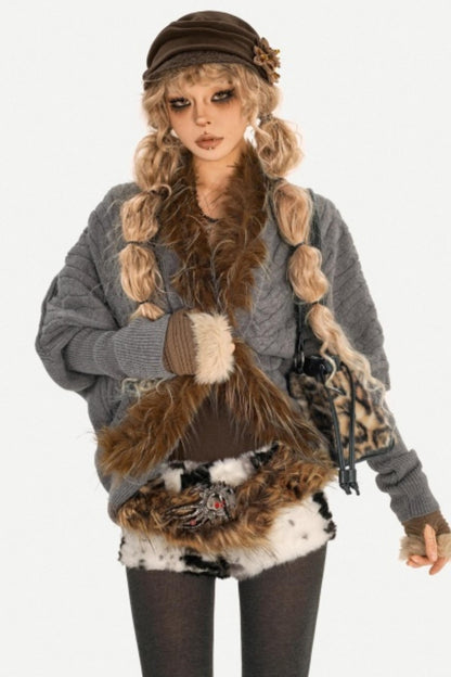 Fur Collar Knitted Cardigan