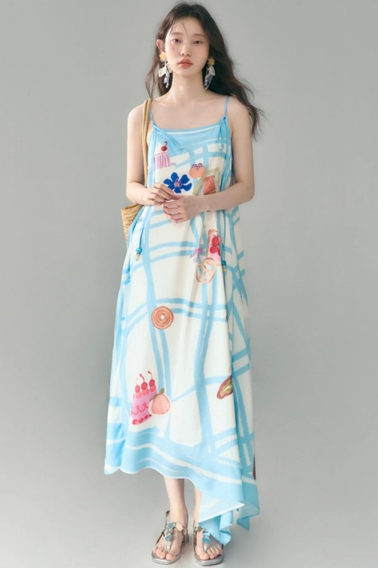 Bread Print Plaid Satin Slip Dress Set-Up