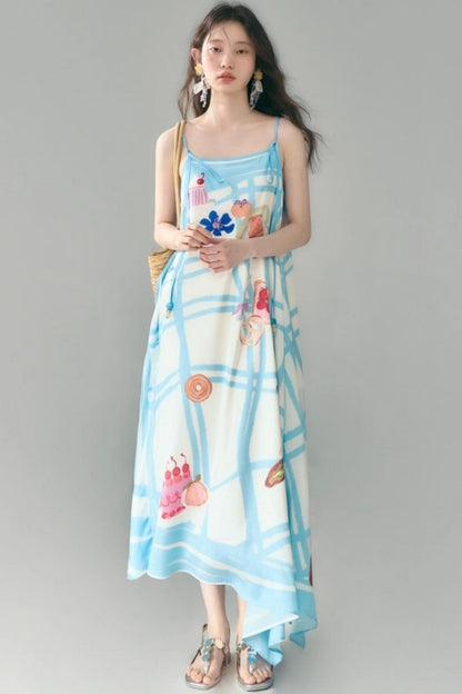 Bread Print Plaid Satin Slip Dress Set-Up