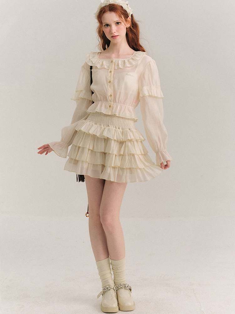 Ruffle Collar Shirt & Cake Mini Skirt