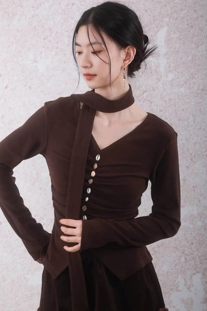 Caramel Coffee Shell Buckle Streamer Top