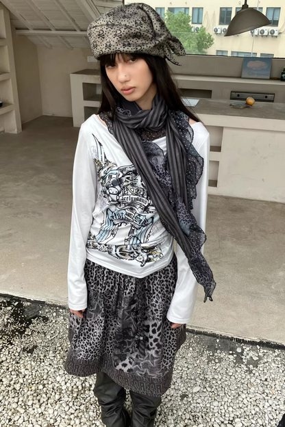 Leopard Graffiti Pleated Skirt
