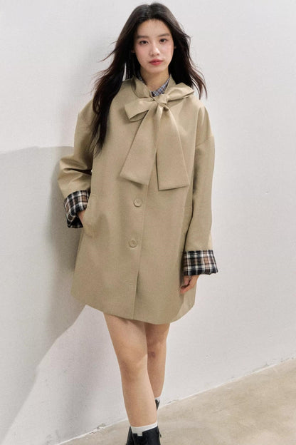 Vintage Bow Plaid Trench Coat
