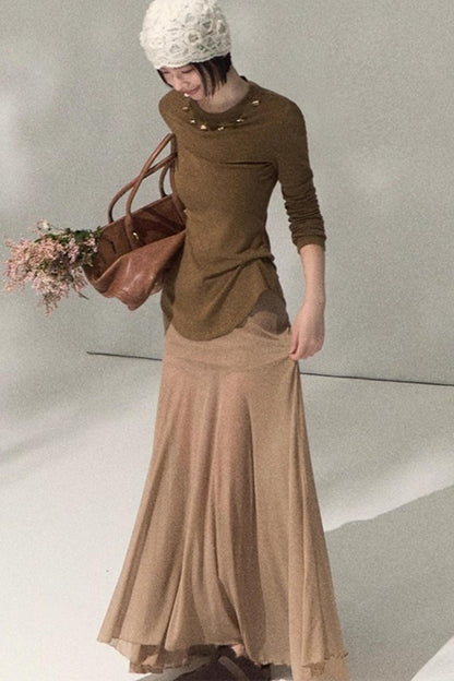 High-Waisted Knit Mesh Skirt