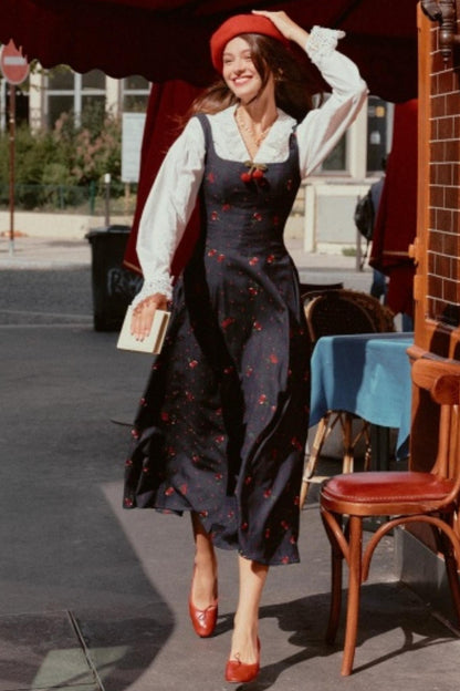 Cherry Lace Embroidered Denim Dress Set-Up