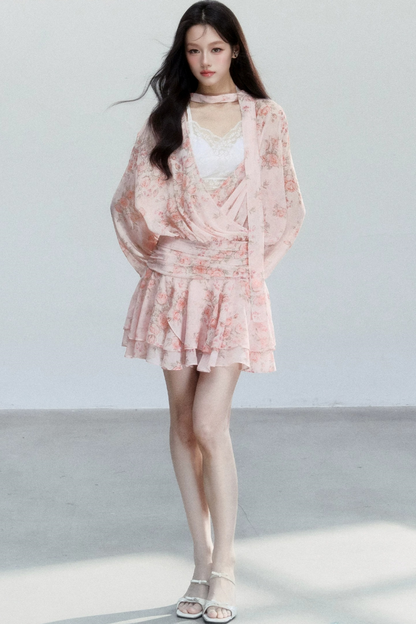 Completo Abito Floreale in Chiffon Rosa