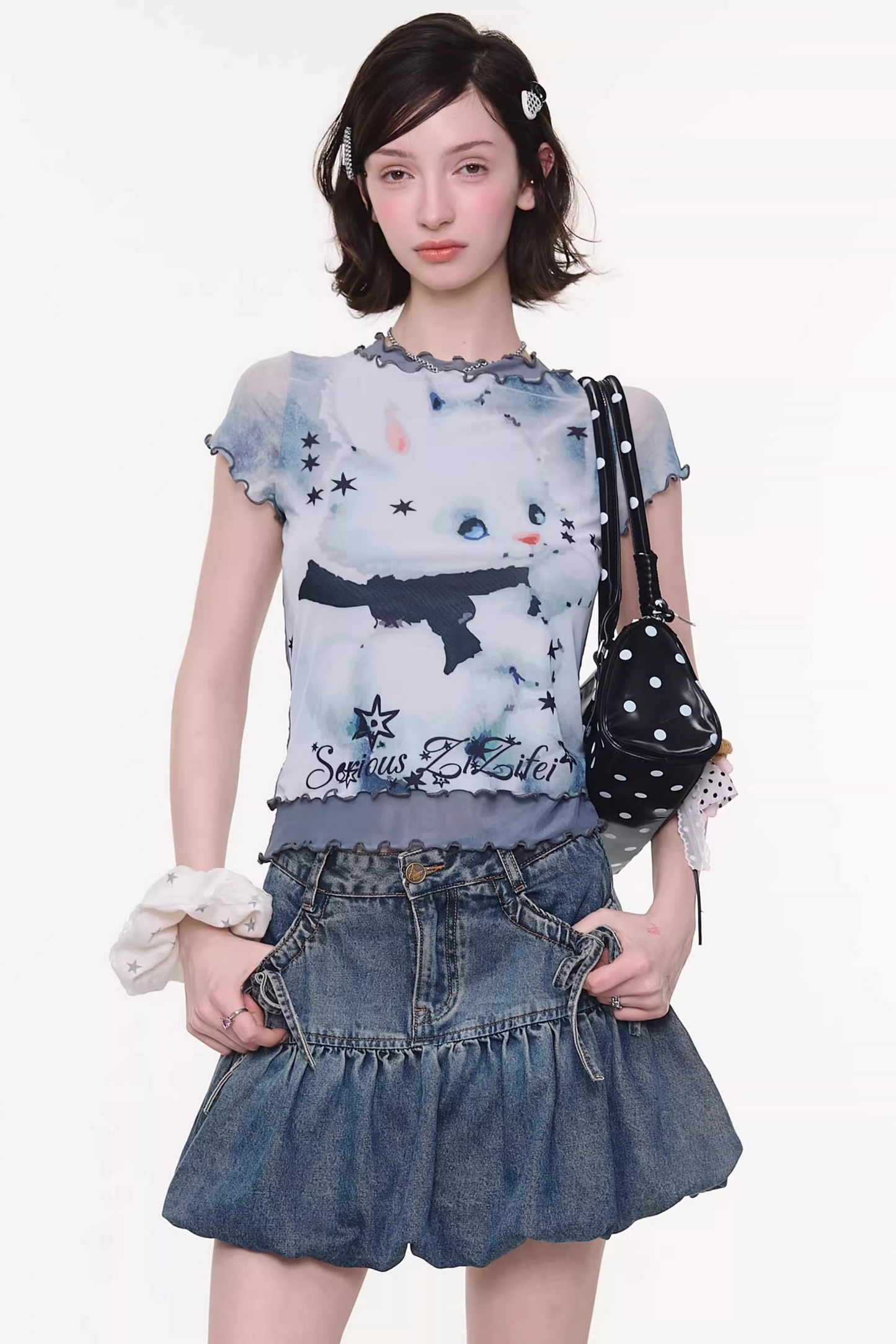 Mesh Plaid Cat Print Top