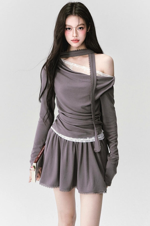 Green Lace Knit Top Skirt Set-Up