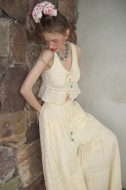 Beige Textured Lace Skirt Set-Up