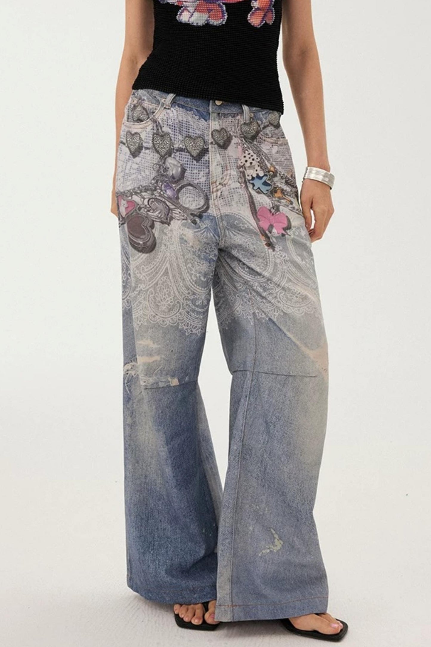 Blue Chain Detail Wide-Leg Straight Denim Pants
