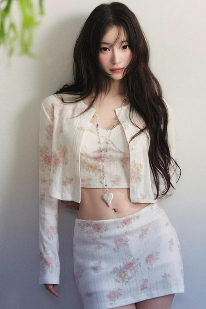 Retro Rose Floral Knit Cardigan Set-Up