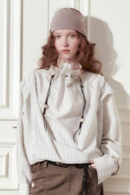 French Faux Linen Stand-Up Collar Shirt