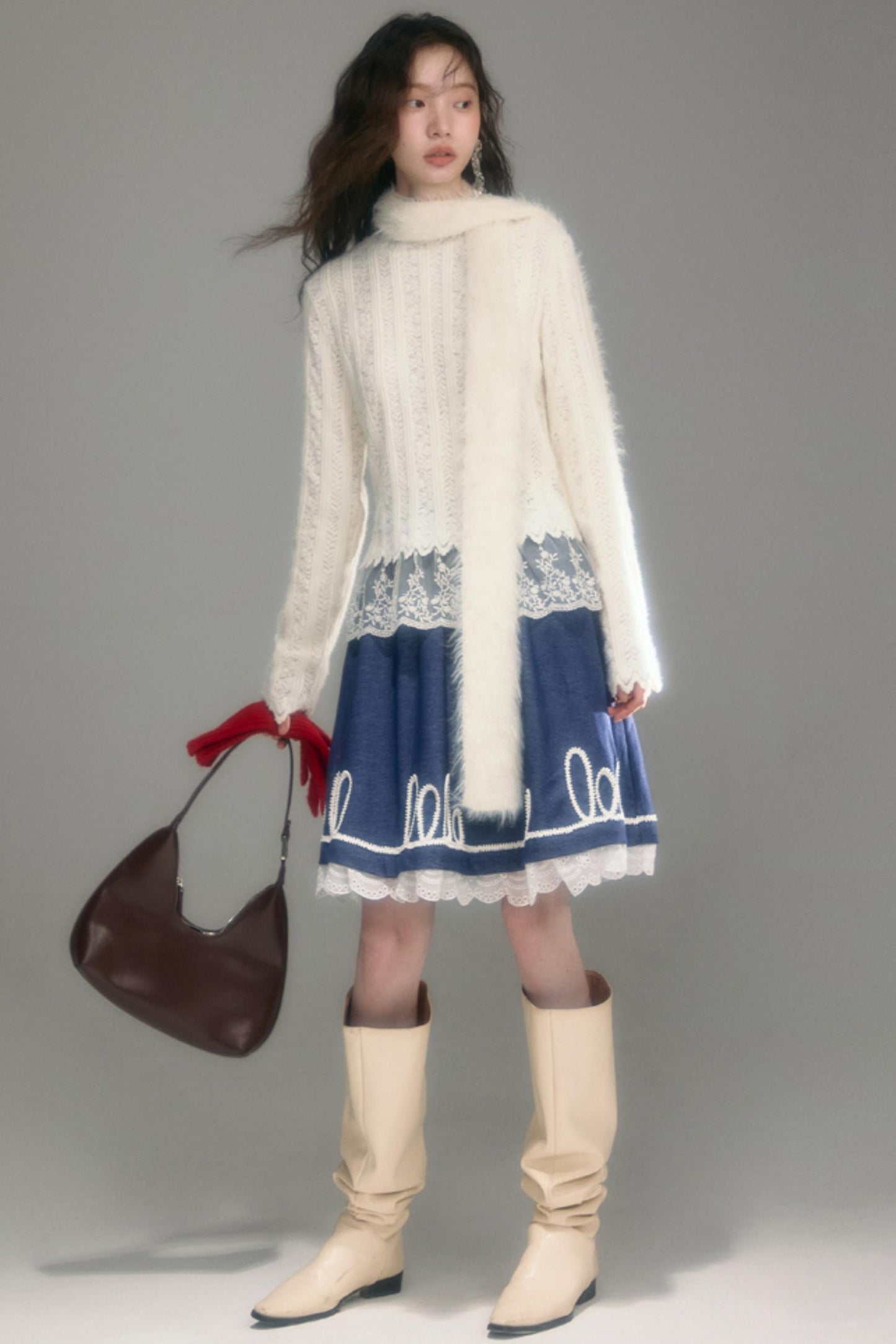 Embroidered Patchwork Denim A-Line Skirt