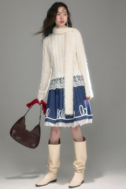 Embroidered Patchwork Denim A-Line Skirt