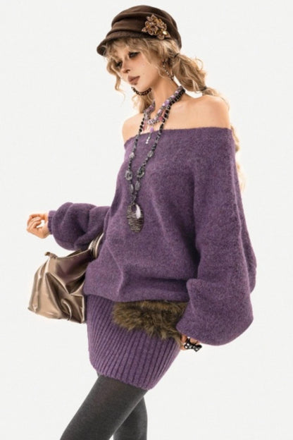 Purple Off-Shoulder Knit Dress