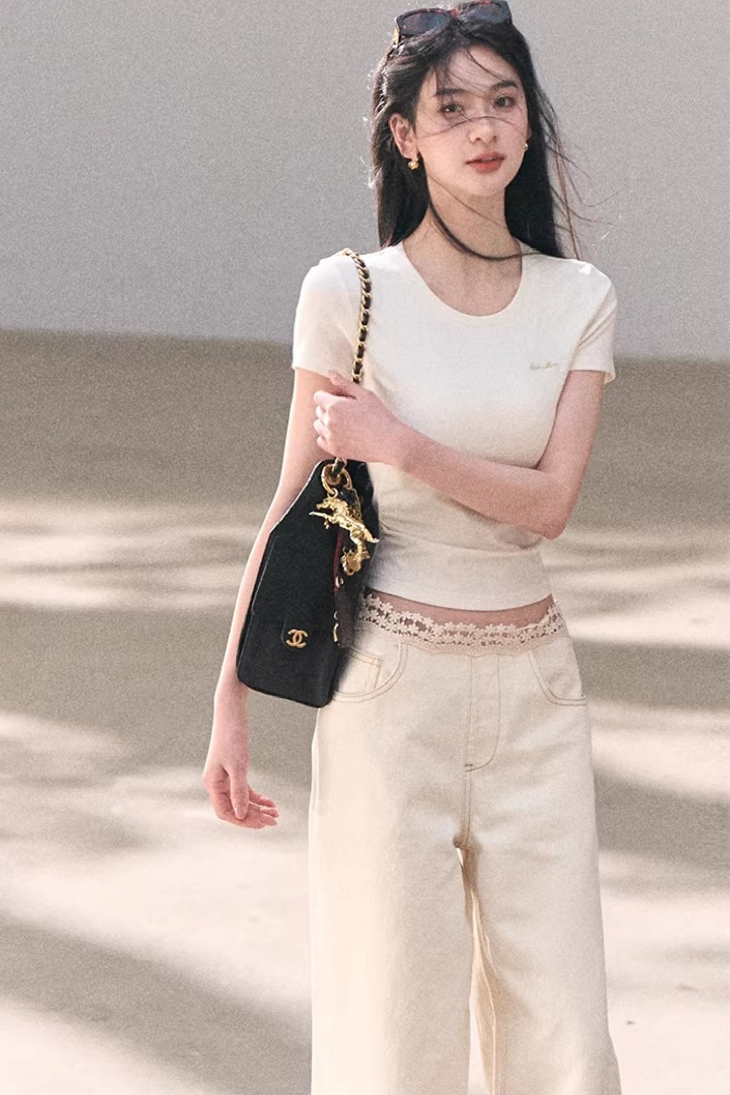 Contrast Embroidered Ruched Top