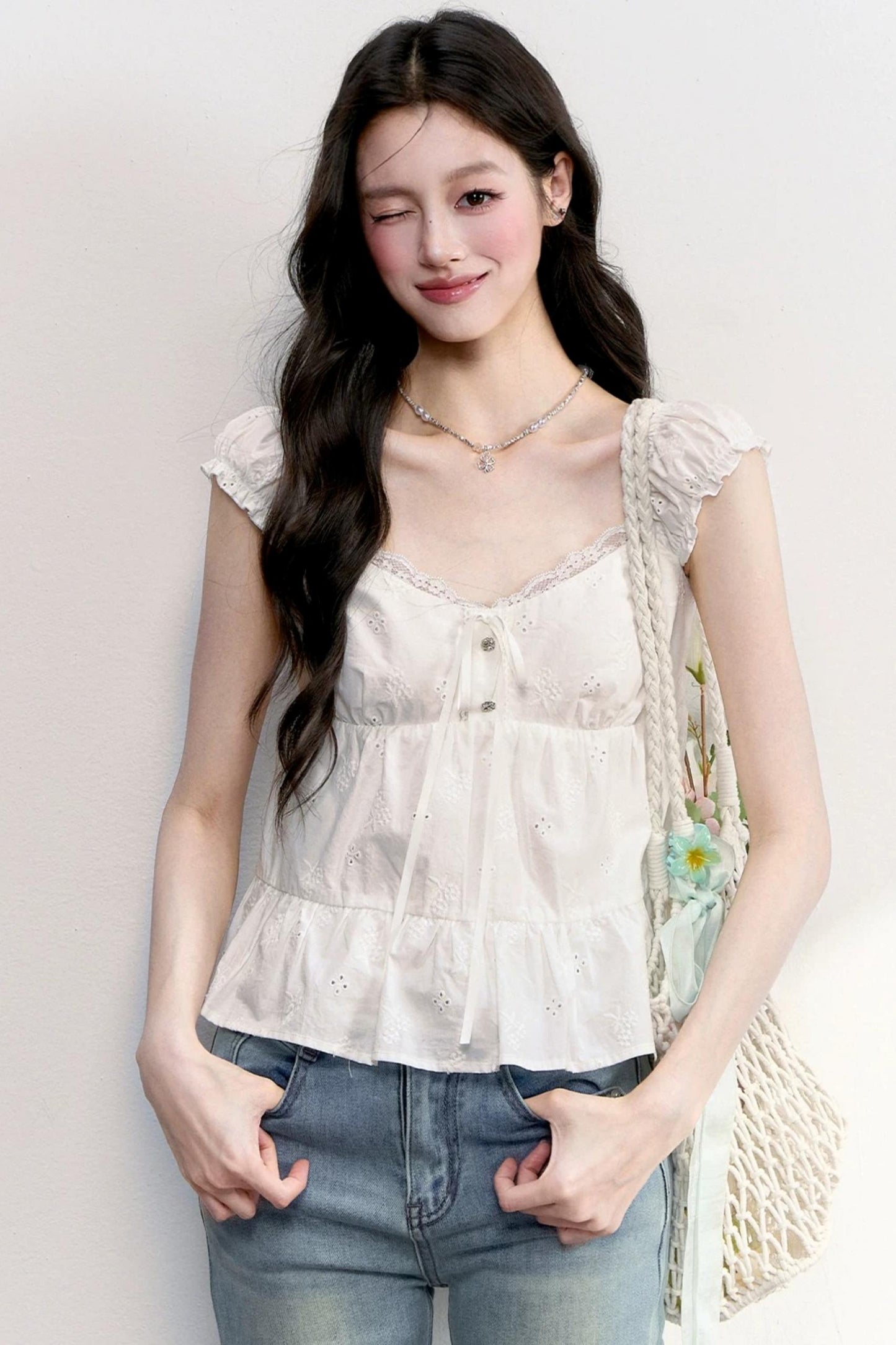 French Lace Puff Sleeve Blouse