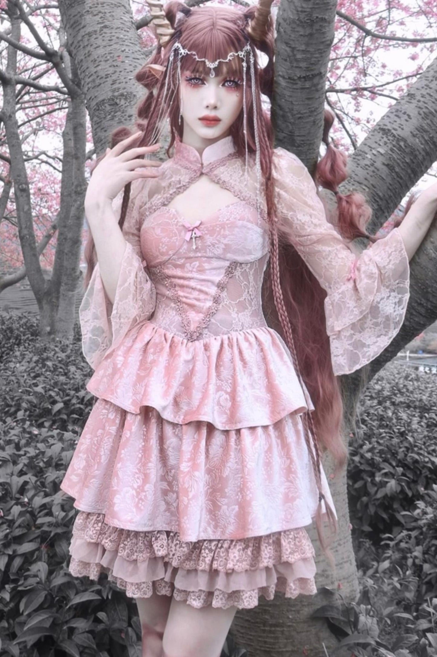 Gothic Lotus Root Pink Strap Dress Set-Up