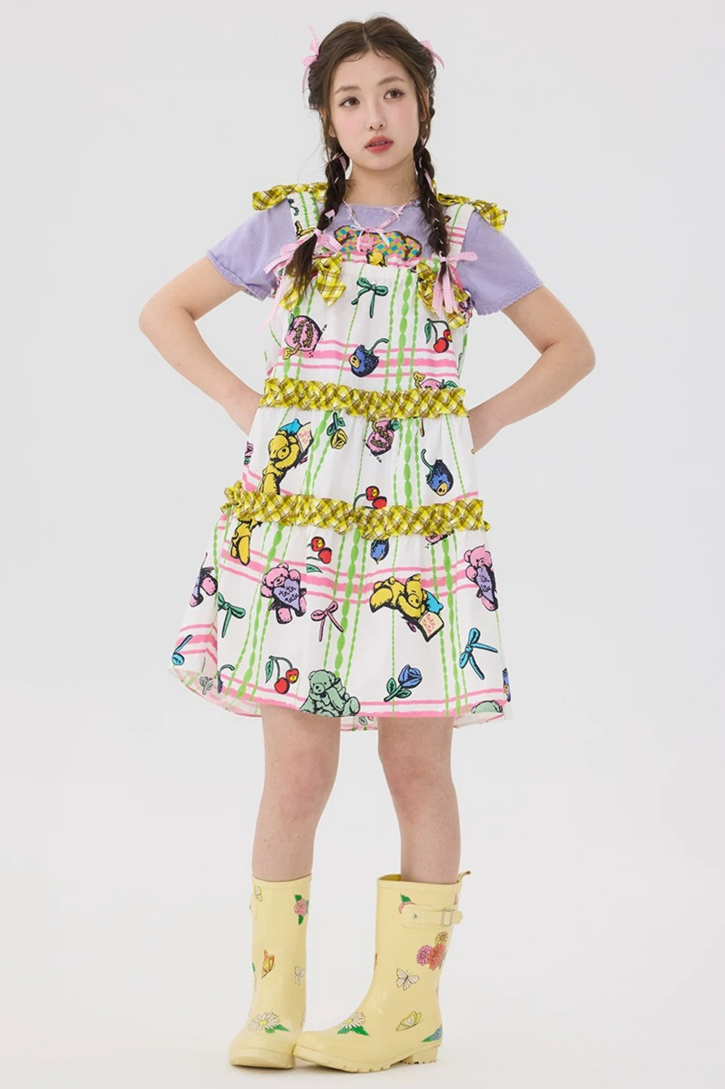 Robe salopette à carreaux avec ours