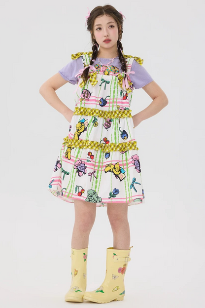 Robe salopette à carreaux avec ours
