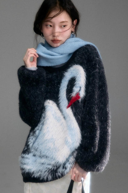 Moonlight Swan Faux Velvet Sweater