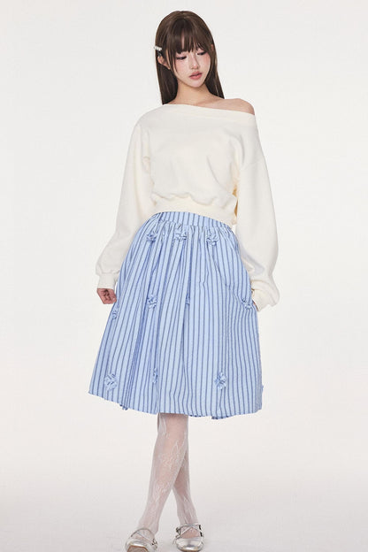 Blue Striped Flower Silhouette Skirt