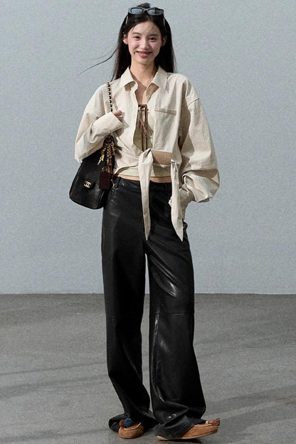 Romantic Retro Wide-leg PU Leather Pants