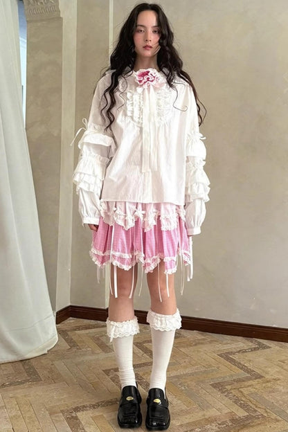 Pink-White Plaid Lace Shirt