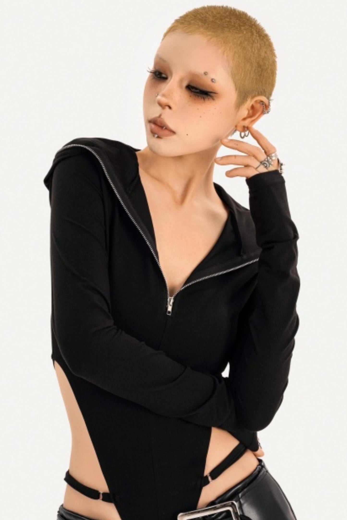 Black Zip-Up Hooded Bodysuit