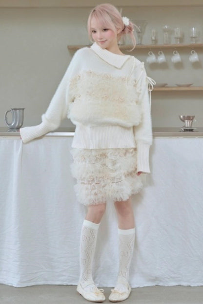 Beige Pleated Mink Velvet Sweater