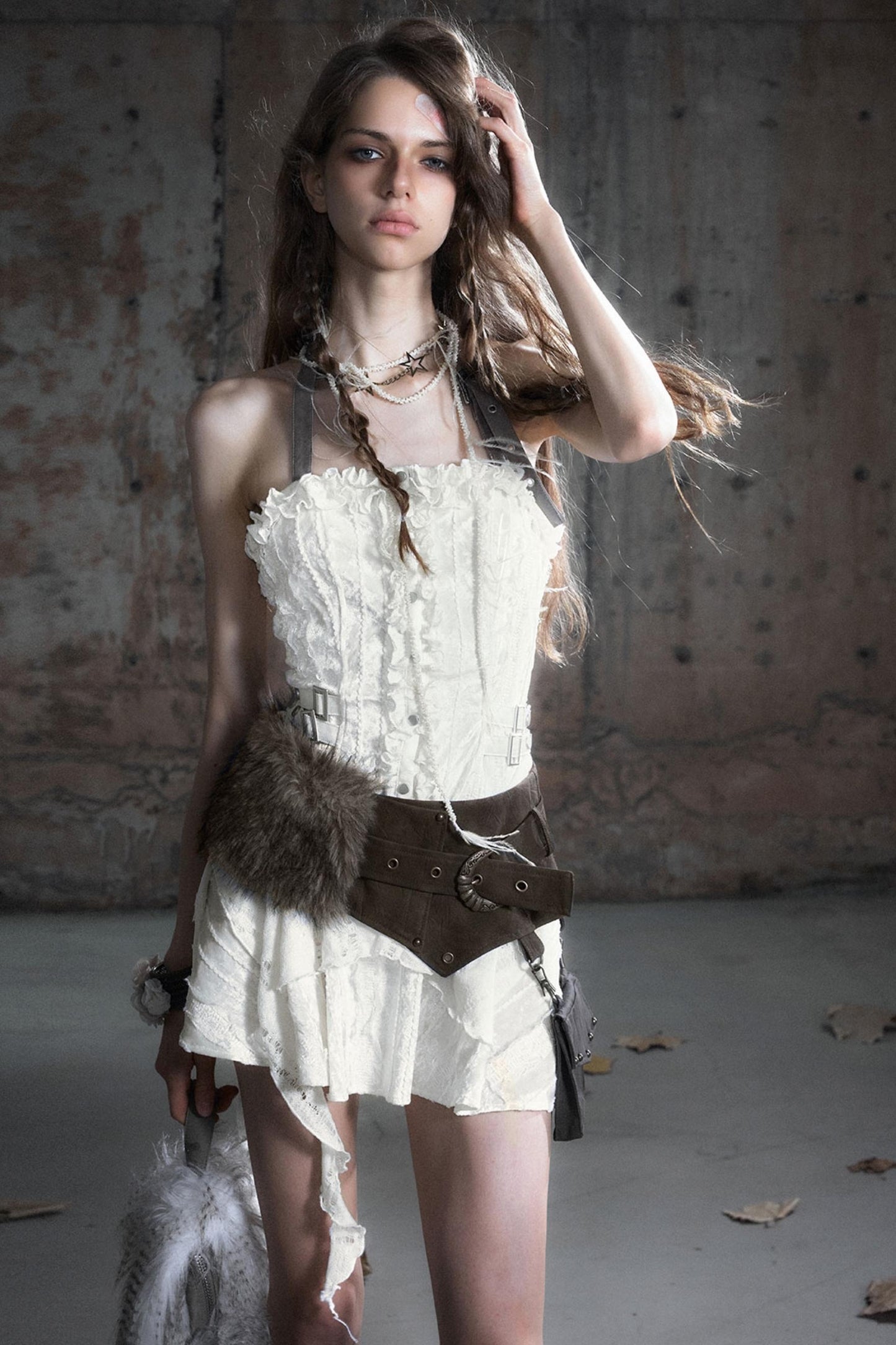 Leather Patchwork Fur Skirt  Belt